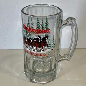 Vintage 1989 Budweiser Clydesdales Wagon Holiday Winter Scene Glass Beer Mug